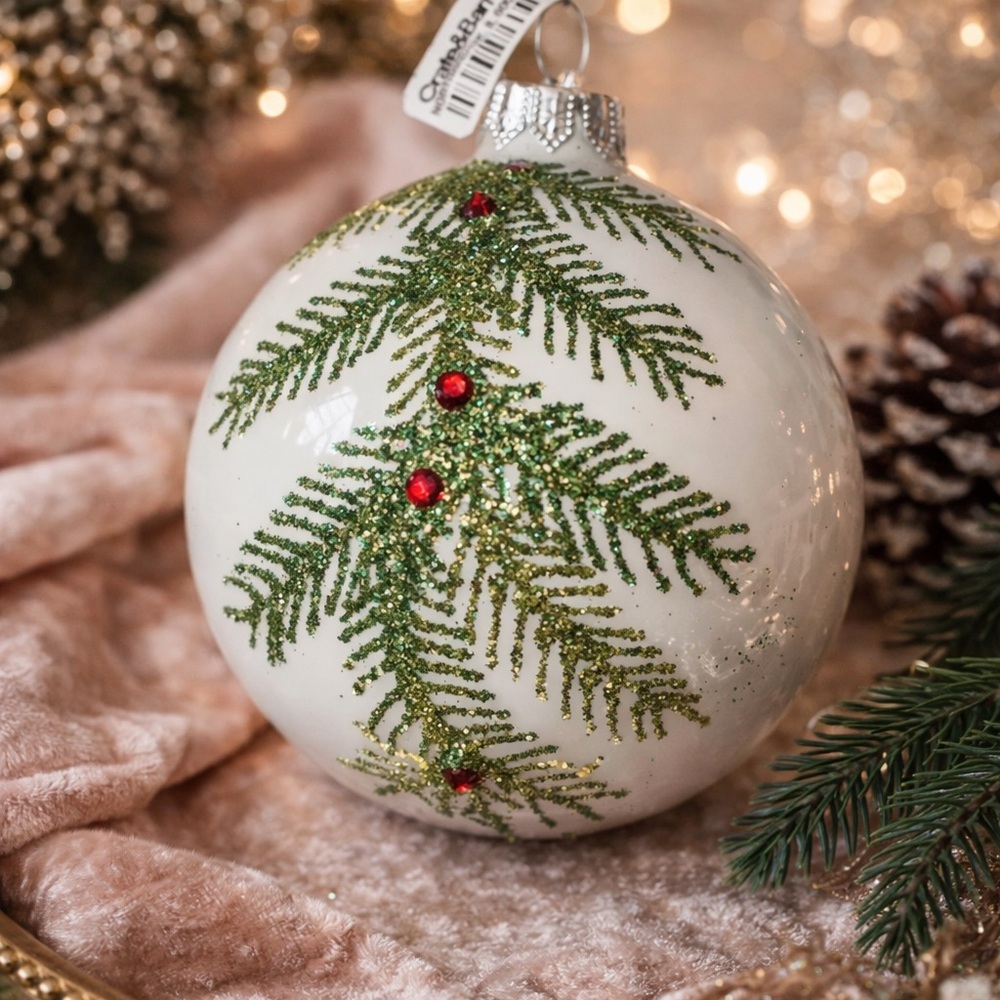 Crate & Barrel White Glass Christmas Ornament Glitter Pine Branch Red Jewel